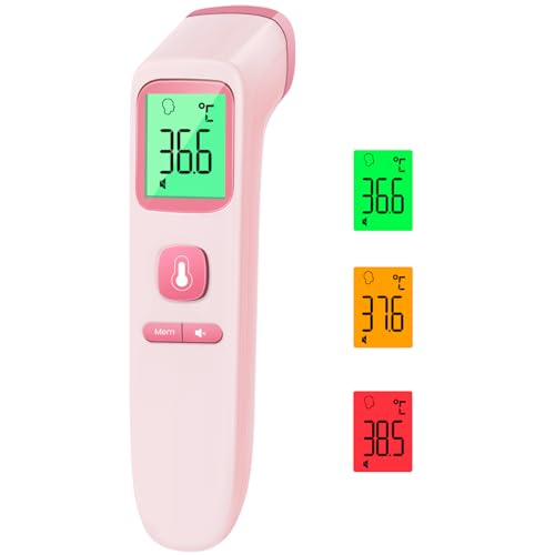 Fieberthermometer Kontaktlos, Stirnthermometer mit sofortigen genauen Messwerten, Fieberalarm, LCD-Anzeige und 35 Speicherabruf, Digitales Infrarot Thermometer für Kinder und Erwachsene - Rosa von Viproud