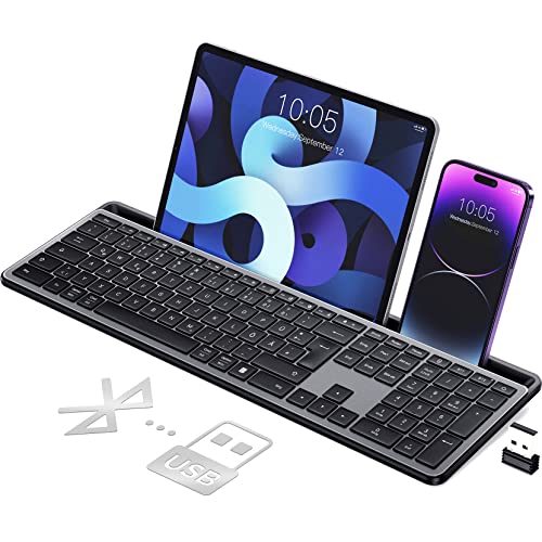 Tastatur Kabellose, Bluetooth Tastatur, Deutsches QWERTZ Layout, Standardgröße, Telefon- und Tablet-Halterung, Nummernblock, Scherenmechanik, flüsterleiser Tastenanschlag, für Laptop, PC, MacOS, iPad von Virfour