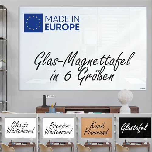 VISCOM Glas-Magnettafel - 40 x 60 cm in reinem Weiß - rahmenlose Magnetwand - Memoboard magnetisch, beschreibbar & trocken abwischbar - inkl. Magnete, Stift, Tafellöscher von Viscom