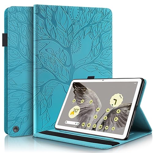 Vkooer Hülle für Google Pixel Tablet 2023 (11 Zoll) Premium PU Leder Schutzhülle Flip Tasche Case mit Standfunktion für Google Pixel Tablette, Baum des Lebens Hülle Türkis von Vkooer