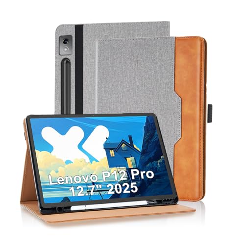 Vkooer Lenovo Tab P12 Pro 12.7 Zoll 2025 Hülle mit Stifthalter Premium Material Segeltuch Schutzhülle Tasche Cover Case mit Auto Schlaf/Aufwach für Lenovo Tab P12 Pro Tablet, Grau von Vkooer