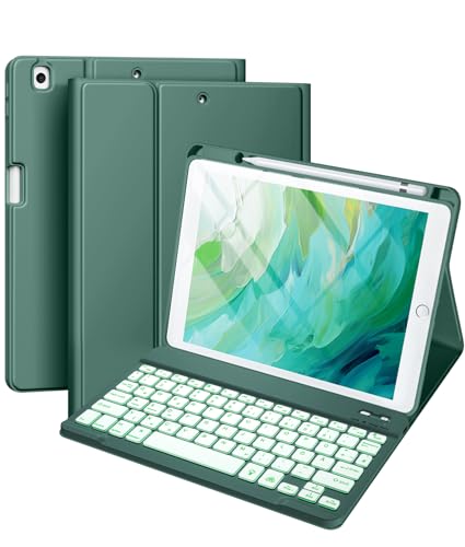 Vobafe Hülle mit Tastatur Kompatibel für iPad 9./ 8. /7. Generation 10.2 Zoll mit Stifthalter, Magnetisch 7 Farben Beleuchtung, Wiederaufladbar Abnehmbarer QWERTZ iPad Tastatur, Kieferngrün von Vobafe