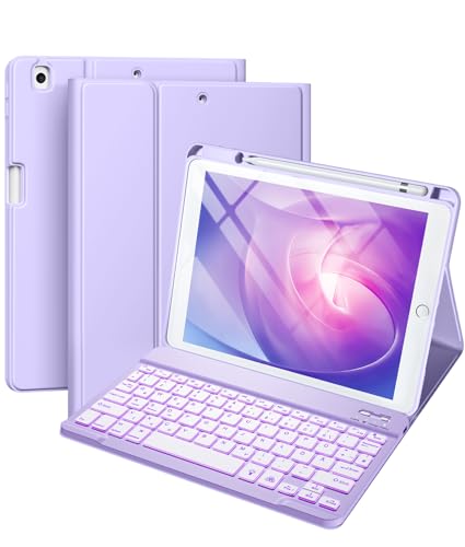 Vobafe Hülle mit Tastatur Kompatibel für iPad 9./ 8. /7. Generation 10.2 Zoll mit Stifthalter, Magnetisch 7 Farben Beleuchtung, Wiederaufladbar Abnehmbarer QWERTZ iPad Tastatur, Lavendel von Vobafe