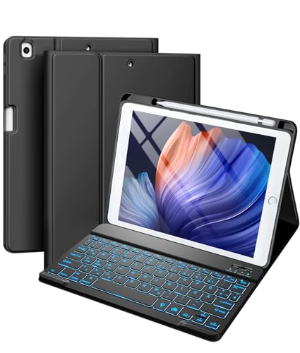 Vobafe Hülle mit Tastatur Kompatibel für iPad 9./ 8. /7. Generation 10.2 Zoll mit Stifthalter, Magnetisch 7 Farben Beleuchtung, Wiederaufladbar Abnehmbarer QWERTZ iPad Tastatur, Schwarz von Vobafe