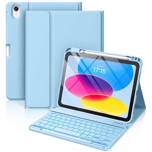 Vobafe Hülle mit Tastatur für iPad 10 Generation 10,9 Zoll 2022-7 Farben Beleuchtete Kabellose Abnehmbare Folio Keyboard Hülle mit Stifthalter für Neue iPad 10. Generation, Hell Blau von Vobafe