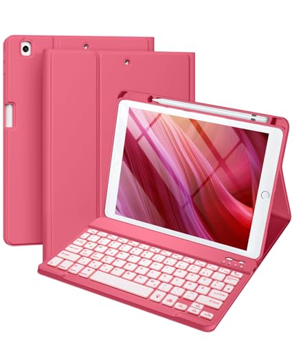 Vobafe Hülle mit Tastatur Kompatibel für iPad 9./ 8. /7. Generation 10.2 Zoll mit Stifthalter, Magnetisch 7 Farben Beleuchtung, Wiederaufladbar Abnehmbarer QWERTZ iPad Tastatur,Rot von Vobafe