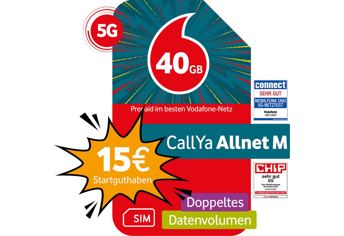 Vodafone Prepaid CallYa M, Aktion 40 GB statt 20 GB Prepaidkarte von Vodafone