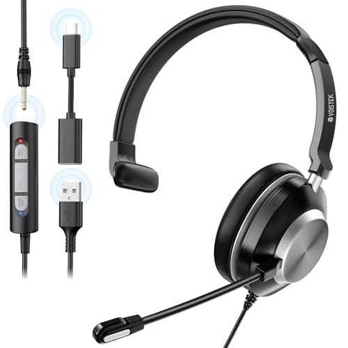 Voistek USB-Headsets mit Mikrofon, USB/3,5 mm Typ-C, einzelnes Mono-Headset mit Mikrofon mit Geräuschunterdrückung, Lautstärkeregler, PC-Headsets für Laptop/Büro/Callcenter/Skype-Chat-Webinar von Voistek