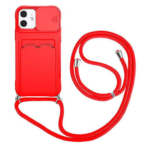 Handykette Silikon Handyhülle kompatibel mit Apple iPhone 7 Plus/8 Plus Hülle Slide Kamera Schutz mit Nylon Kordel Kette und Kartenfach Schutzhülle TPU Bumper Stoßfest Cover Case(Rot) von VooDirop