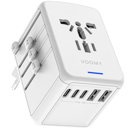 VOOMY Adapter für 170+ Landen, Reiseadapter Usa mit 2 USB A, Reisestecker mit 3 USB C, Reiseadapter Weltweit mit Schnelladung, Adapter Steckdose mit Automatisch Zurücksetzende Elektrische Sicherung von Voomy