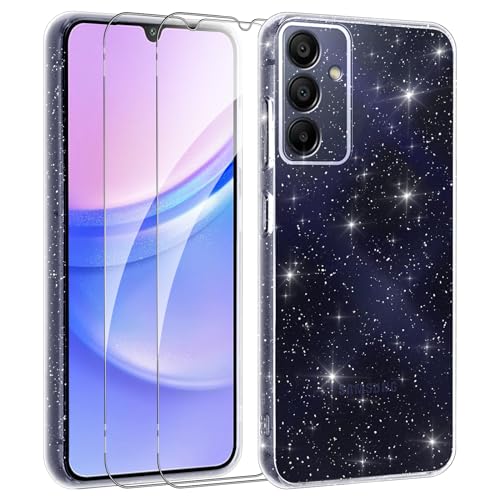 Votvloay Glitzer Hülle für Samsung Galaxy A15 4G / 5G 6,5 '' mit 2 Stück Schutzfolie Schutzglas, Aesthetic Mädchen Klare Handyhülle, Slim Weich Stoßfeste Schutzhülle für Samsung A15, Transparent von Votvloay