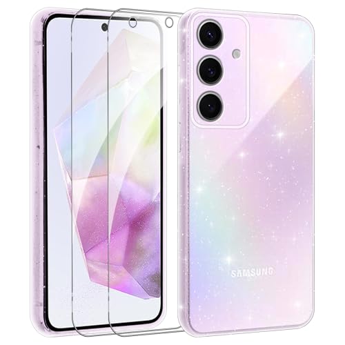 Votvloay Glitzer Hülle für Samsung Galaxy A35 5G 6,6 '' mit 2 Stück Schutzfolie Schutzglas, Aesthetic Frauen Mädchen Klare Handyhülle, Weich TPU Stoßfeste Schutzhülle für Samsung A35 5G, Transparent von Votvloay