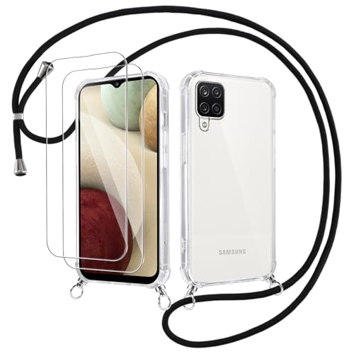 Votvloay Handykette Handyhülle für Samsung Galaxy A12 4G 6,5" Hülle mit Band - mit 2 Schutzfolie,Transparent Case mit Kordel zum Umhängen,Weich Silikon TPU Stoßfest Schutzhülle für Samsung A12,Schwarz von Votvloay