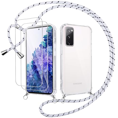 Votvloay Handykette Handyhülle für Samsung Galaxy S20 FE 5G 6,5" Hülle mit Band - mit 2 x Schutzfolie, Transparent Case mit Kordel zum Umhängen, Weich TPU Stoßfest Schutzhülle für Samsung S20 FE, Weiß von Votvloay