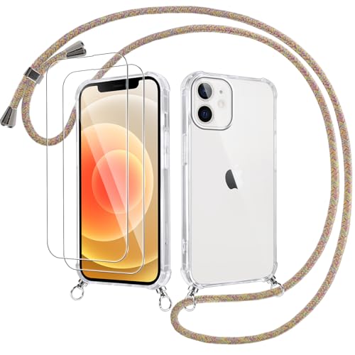 Votvloay Handykette Handyhülle für iPhone 12/iPhone 12 Pro 6,1" Hülle mit Band - mit 2 x Schutzfolie, Transparent Case mit Kordel zum Umhängen, Weich Silikon TPU Bumper Stoßfest Schutzhülle Cover,Gelb von Votvloay