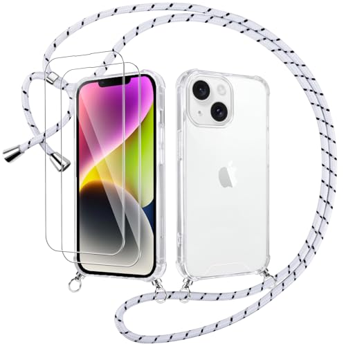 Votvloay Handykette Handyhülle für iPhone 14 Plus 6,7" Hülle mit Band - mit 2 x Schutzfolie, Transparent Case mit Kordel zum Umhängen, Weich TPU + PC Back Schutzhülle Cover für iPhone 14 Plus, Weiß von Votvloay