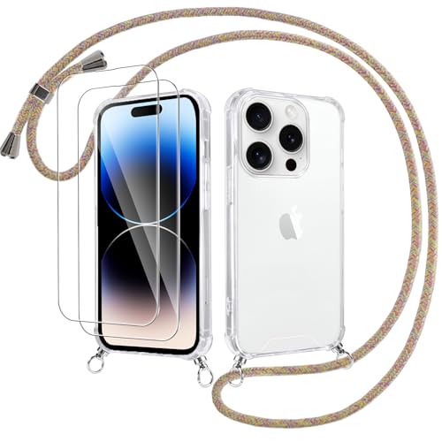 Votvloay Handykette Handyhülle für iPhone 14 Pro 6,1" Hülle mit Band - mit 2 x Schutzfolie, Transparent Case mit Kordel zum Umhängen, Weich TPU + PC Back Schutzhülle Cover für iPhone 14 Pro, Gelb von Votvloay