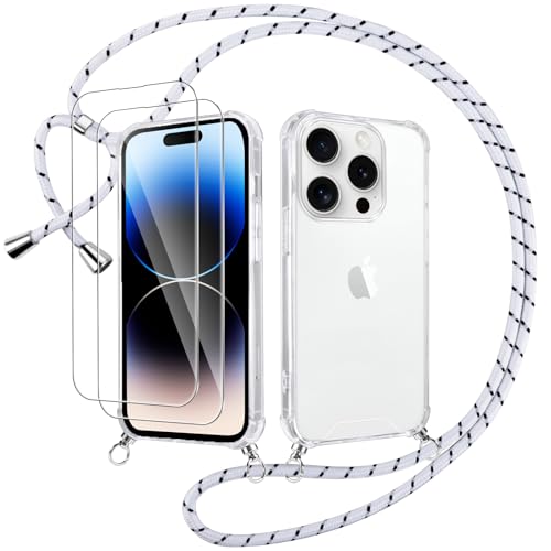 Votvloay Handykette Handyhülle für iPhone 14 Pro 6,1" Hülle mit Band - mit 2 x Schutzfolie, Transparent Case mit Kordel zum Umhängen, Weich TPU + PC Back Schutzhülle Cover für iPhone 14 Pro, Weiß von Votvloay