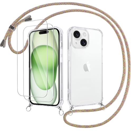 Votvloay Handykette Handyhülle für iPhone 15 Plus 6,7" Hülle mit Band - mit 2 x Schutzfolie, Transparent Case mit Kordel zum Umhängen, Weich TPU + PC Back Schutzhülle Cover für iPhone 15 Plus, Gelb von Votvloay