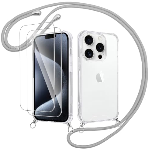 Votvloay Handykette Handyhülle für iPhone 15 Pro Max 6,7" Hülle mit Band - mit 2 x Schutzfolie, Transparent Case mit Kordel zum Umhängen, Weich TPU + PC Back Schutzhülle Cover, Grau von Votvloay