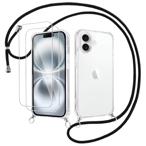 Votvloay Handykette Handyhülle für iPhone 16 6,1" Hülle mit Band - mit 2 x Schutzfolie, Transparent Case mit Kordel zum Umhängen, Weich TPU + PC Back Schutzhülle Cover für iPhone 16, Schwarz von Votvloay