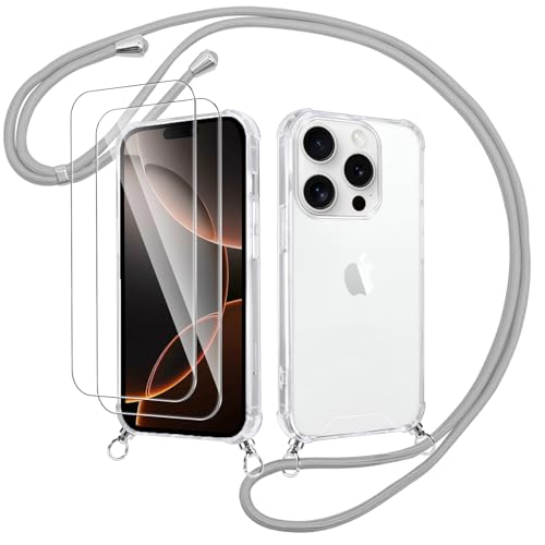 Votvloay Handykette Handyhülle für iPhone 16 Pro Max 6,9" Hülle mit Band - mit 2 x Schutzfolie, Transparent Case mit Kordel zum Umhängen, Weich TPU + PC Back Schutzhülle Cover, Grau von Votvloay