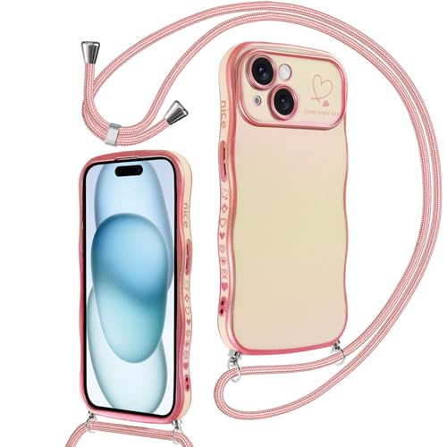 Votvloay Handykette für iPhone 15 6,1" Hülle mit Band zum Umhängen, Necklace Herz Muster Aesthetic Stoßfest Design Handyhülle mit Kette Kordel Wellen Form Mädchen Schutzhülle Silikon Case, Rosa von Votvloay