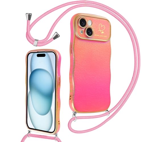 Votvloay Handykette für iPhone 15 6,1" Hülle mit Band zum Umhängen, Necklace Herz Muster Aesthetic Stoßfest Design Handyhülle mit Kette Kordel Wellen Form Mädchen Schutzhülle Silikon Case, Rot von Votvloay