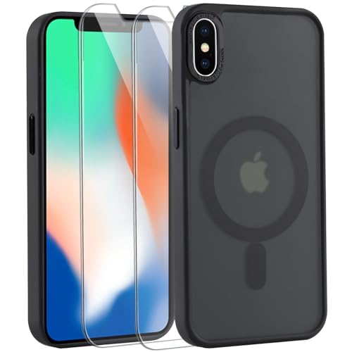 Votvloay Magnetisch Hülle für iPhone X/XS 5,8 '' [Kompatibel mit MagSafe], Handyhülle mit 2 Stück Schutzfolie Schutzglas,Durchscheinende Matt Stoßfeste Schutzhülle für iPhone X/XS, Schwarz von Votvloay