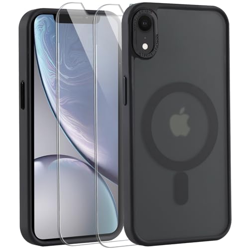 Votvloay Magnetisch Hülle für iPhone XR 6,1 '' [Kompatibel mit MagSafe], Handyhülle mit 2 Stück Schutzfolie Schutzglas,Durchscheinende Matt Stoßfeste Schutzhülle für iPhone XR, Schwarz von Votvloay