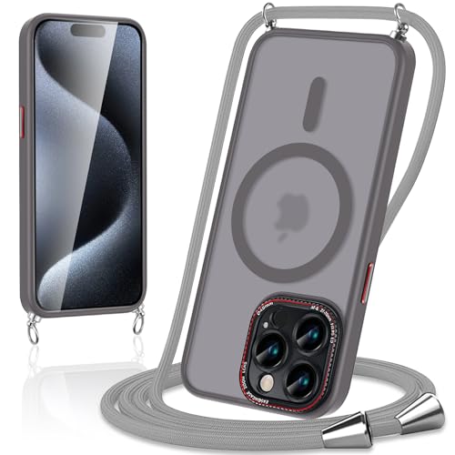 Votvloay Magnetische Handykette mit Band für iPhone 13 Pro Max 6,7" Hülle,Handyhülle Kompatibel mit Magsafe,Matt Transluzente PC+TPU Stoßfest Schutzhülle mit Abnehmbar Kordel zum Umhängen Case,Grau von Votvloay