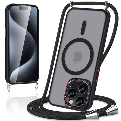 Votvloay Magnetische Handykette mit Band für iPhone 15 Pro Max 6,7" Hülle,Handyhülle Kompatibel mit Magsafe,Matt Transluzente PC+TPU Stoßfest Schutzhülle mit Abnehmbar Kordel zum Umhängen Case,Schwarz von Votvloay