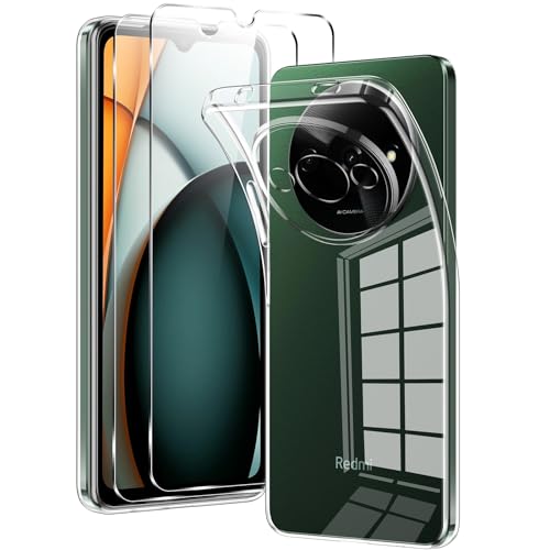 Votvloay für Xiaomi Redmi A3 / A3x Hülle Durchsichtig mit 2 Stück Schutzfolie, Transparent Handyhülle Panzer Schutz Glas, Schutzhülle Silikon TPU Case Cover Schutzglas für Redmi A3 / A3x 6,71“ von Votvloay