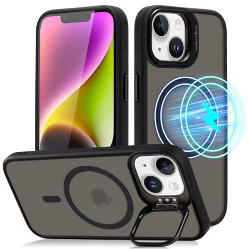 Votvloay für iPhone 14/iPhone 13 Hülle 6,1" kompatibel mit Magsafe, Magnetisch Handyhülle Militär Stoßfest Hart Schutzhülle, Transluzent Matte Kamera Kickstand Case Cover Bumper Kratzfeste, Schwarz von Votvloay