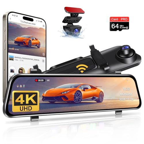 Vtopek 4K Dashcam Auto 12-Zoll Spiegel Dashcam mit 1080P Rückfahrkamera Rückspiegel Auto Kamera mit WiFi 64 GB-Karte IPS-Touchscreen Dual Dash Cam Spiegel mit Loop-Aufnahme G-Sensor WDR Nachtsicht von Vtopek