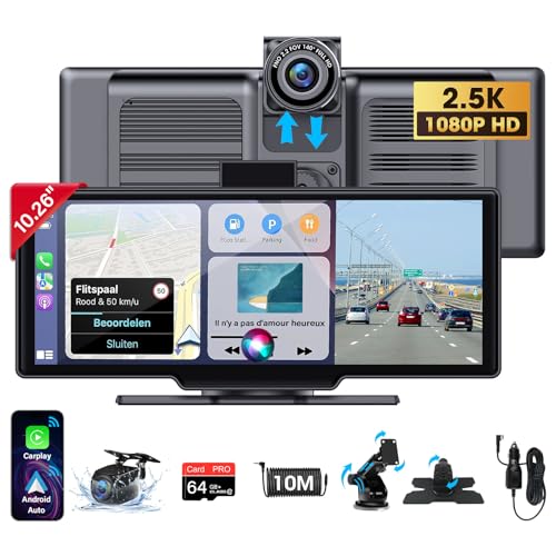 Vtopek Wireless Carplay Display mit Dashcam 2,5K Carplay Android Auto Display mit 10,26 Zoll Touchscreen Carplay Display Tragbares Driveplay mit Rückfahrkamera Bluetooth Mirror Link Siri 64G TF-Karte von Vtopek