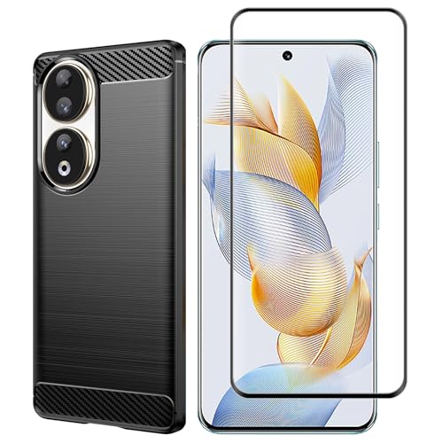 Vuciya Silikon Case for Honor 90,1X Pieces Screen Protector Active Shock Absorption Drop Protection Fashionable and Thin Schale Kratzfest Kohlefaser Handyhülle Bumper Cover (Black) von Vuciya