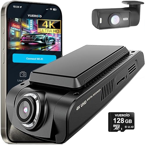 Vueroid D21 4K 2CH Dashcam, Dual-Kanal-Überwachung, Ultra-HD-Frontkamera, 128GB HDR WiFi Time Lapse Dual Cam GPS Night Vision von Vueroid