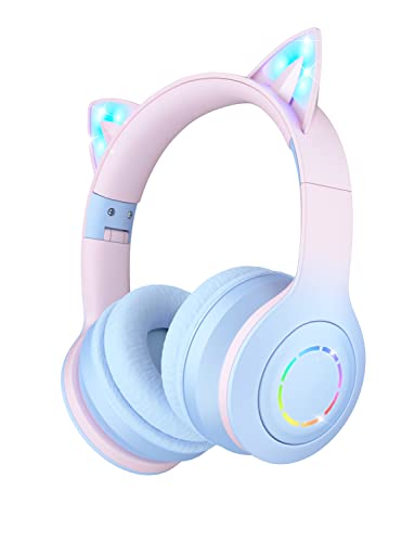 VuyKoo Kinder Kopfhörer Bluetooth mit HD Mikrofon, Mädchen Katzenohr Kopfhörer Over-Ear mit LED-licht Faltbare Stereo Kopfhörer Kabellose, Kopfhörer Kinder für Handy/Tablet/PC (blau) von VuyKoo