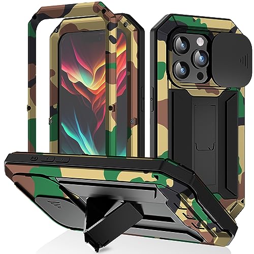 W WINTMING Schutzhülle für iPhone 15 Pro Max mit Kamera-Abdeckung, Militärqualität, robuste Metallhülle, Aluminium, robuster Ständer, mit Displayschutzfolie (15 Pro Max, Camo) von W WINTMING