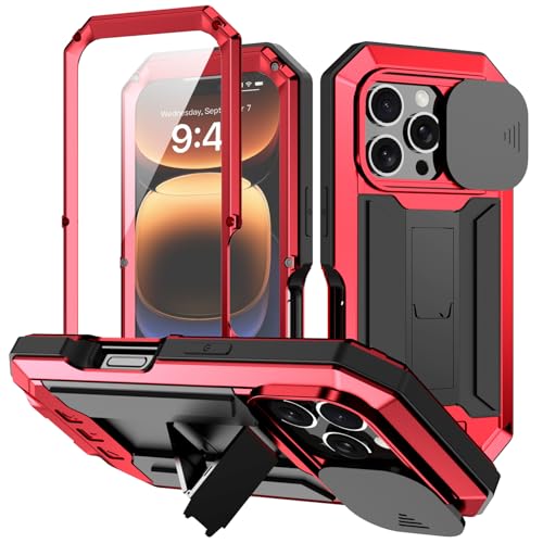 W WINTMING Schutzhülle für iPhone 16 Pro Max mit Kamera-Abdeckung, Militärqualität, robuste Metallhülle, Aluminium, robuster Ständer, mit Displayschutzfolie (16 Pro Max, rot) von W WINTMING