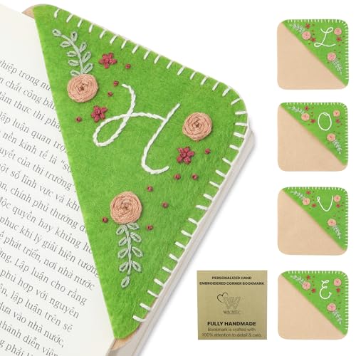 Personalisiertes, handbesticktes Eck-Lesezeichen, Filz-Dreiecks-Bucheckenmarker, einzigartiges handgefertigtes florales Initialen-Lesezeichen, benutzerdefinierte genähte Lesezeichen mit Initialen für von WACANTIC