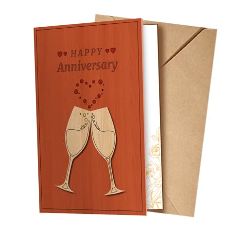 WADORN 3D Pop-Up-Grußkarte Aus Holz Für Sie Und Ihn, Weinglas-Jubiläumskarte Für Ehemann und Ehefrau-Paar Handgefertigte Holzkarte Zum Jahrestag Mit Halter von WADORN