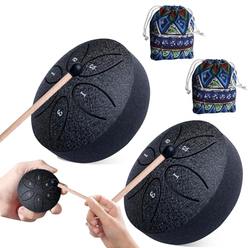 WANDGU 2 Pack Mini Steel Tongue Drum mit Stofftasche: 3 Zoll Stahlzungen 6 Töne Zungentrommel, Musikbuch und Schlägeln, Regentrommel Stahlzungentrommel für Meditation Yoga Klangheilung von WANDGU