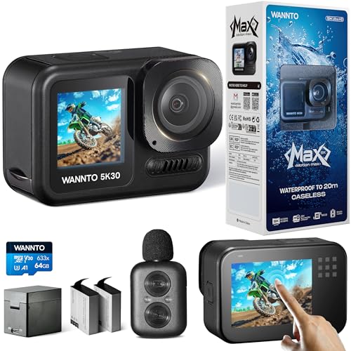 WANNTO Action Cam Motion Max 5K 30MP,IPX8 Unterwasserkamera 20M Wasserdicht ohne Gehäuse WiFi EIS Dual-Screen, mit 2in1 kabellosem Mikrofon Fernbedienung (Motion Max mit 64GB Speicherkarte) von WANNTO