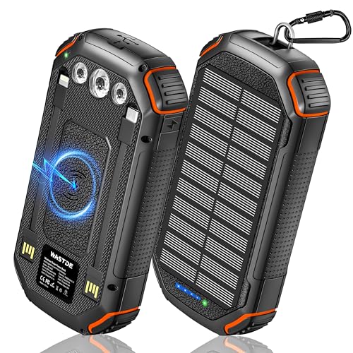 Wireless Solar Powerbank 26800mAh Eingebaut in 3 Kabel & Camping Lichter, USB-C 15W PD 3A Schnellladung Externer Akku 4 Ausgänge & 3 Eingänge, Outdoor Wasserdichtes Solarpanel für Smartphone von WASTDE