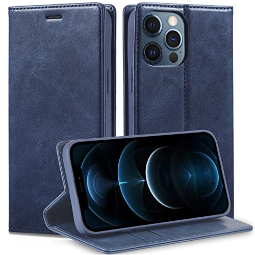 WAURZ Hülle für iPhone 12 Pro Max, Handyhülle Hülle Leder Klappbar Schutzhülle mit Kartenfach Magnet Geldfach Klapphülle Flip Case Cover Handytasche Stoßfest Handyhülle für iPhone 12 Pro Max,Blau von WAURZ