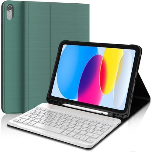 WAVATA Hülle für iPad 10 Generation mit Tastatur 10,9 Zoll 2022, Kabellose Abnehmbare Tastatur, Flexibles TPU Hülle mit Stifthalter für Neue iPad 10. Generation, Dunkelgrün von WAVATA