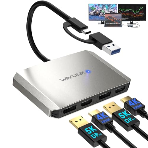 WAVLINK DisplayLink USB 3.0 or USB C to DisplayPort HDMI Adapter, Dual 5K/4K@60Hz 4IN1 Monitor Hub for Dell HP Surface, Compatible with Windows and Mac-Silver von WAVLINK