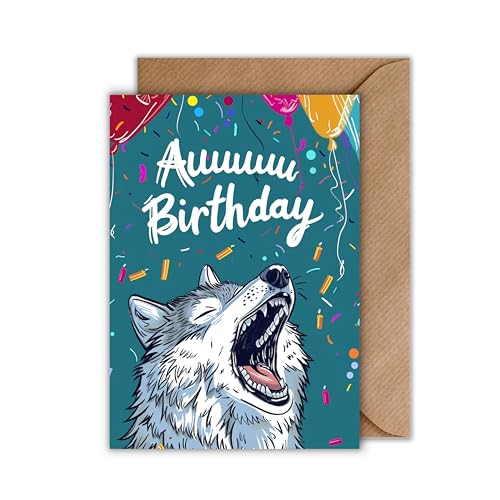 Geburtstag Karte mit Umschlag - Lustige Geburtstagskarte “Auuu Birthday" Heulender Wolf Happy Birthday Glückwunschkarte Witzig (DIN A6) von WBdesignz